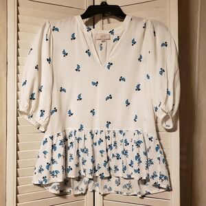 LOFT White Flowy Blouse with Blue Flowers | Size XS